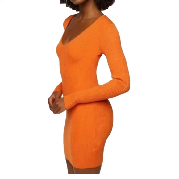 Aritzia Wilfred Free Orange Ribbed Long Sleeve Bodycon Mini dress Size Large - Picture 1 of 8